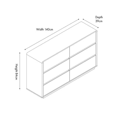Warm Natural Oak Effect Handleless 6 Drawer Chest of Drawers dimension drawing facing right 84x140x39cm | Click Style