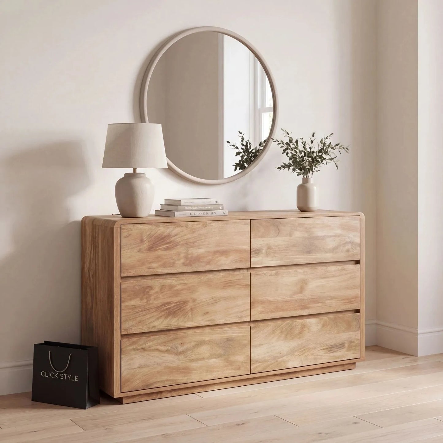 Warm Natural Oak Effect Handleless 6 Drawer Chest of Drawers styled in a neutral living room | Click Style