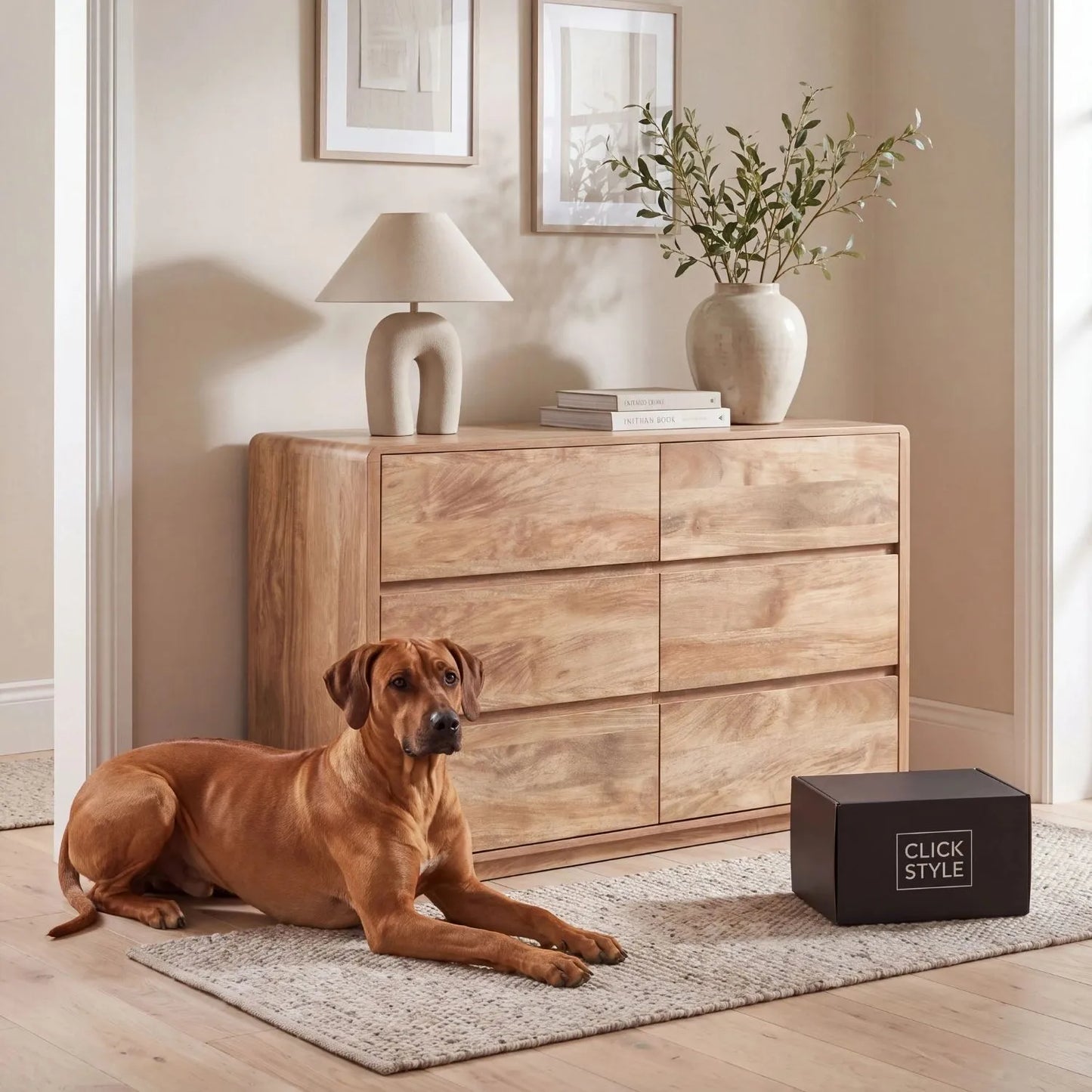 Warm Natural Oak Effect Handleless 6 Drawer Chest of Drawers styled with Rhodesian Ridgeback dog and Click Style parcel | Click Style