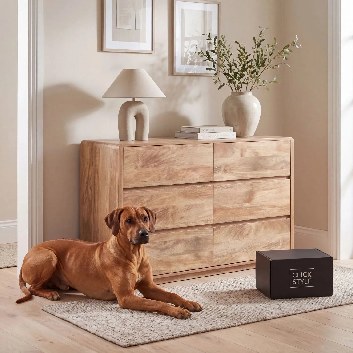 Warm Natural Oak Effect Handleless 6 Drawer Chest of Drawers styled with Rhodesian Ridgeback dog and Click Style parcel | Click Style