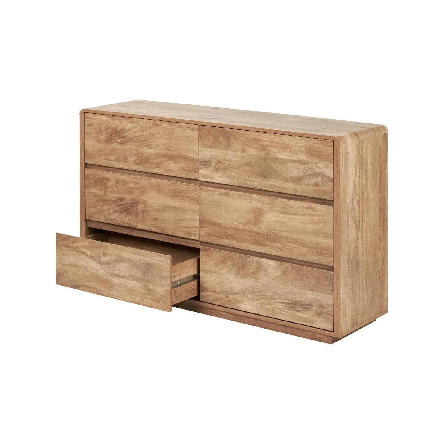 Warm Natural Oak Effect Handleless 6 Drawer Chest of Drawers angled front and side view with bottom left drawer open | Click Style