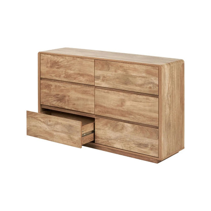 Warm Natural Oak Effect Handleless 6 Drawer Chest of Drawers angled front and side view with bottom left drawer open | Click Style