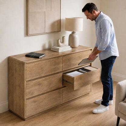 Warm Natural Oak Effect Handleless 6 Drawer Chest of Drawers with man opening drawer in neutral living room | Click Style