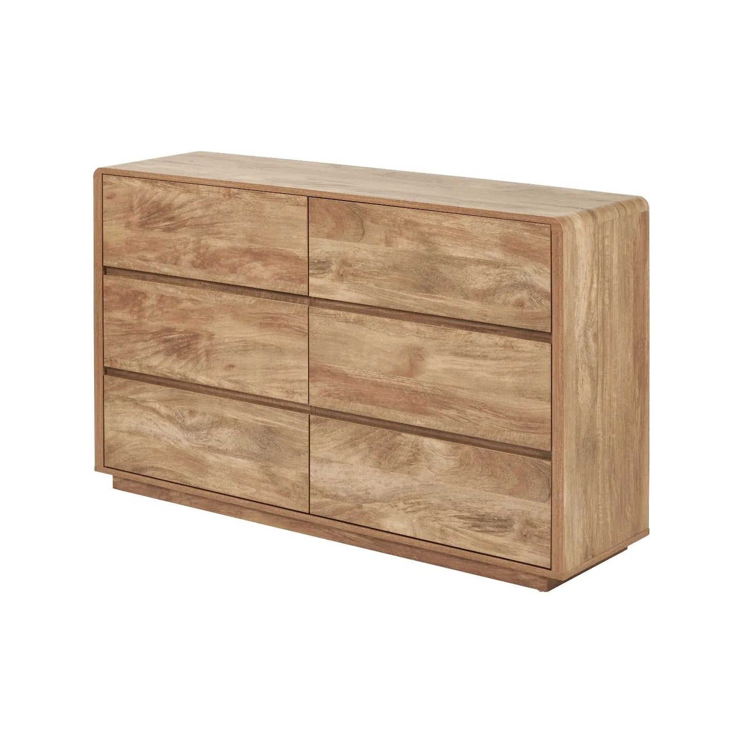 Warm Natural Oak Effect Handleless 6 Drawer Chest of Drawers angled front and side view 84x140x39cm | Click Style