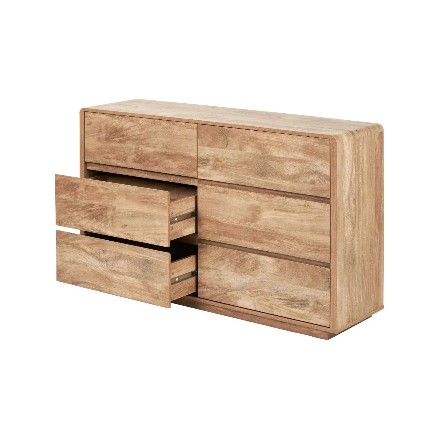 Warm Natural Oak Effect Handleless 6 Drawer Chest of Drawers angled front and side view with two left drawers open | Click Style