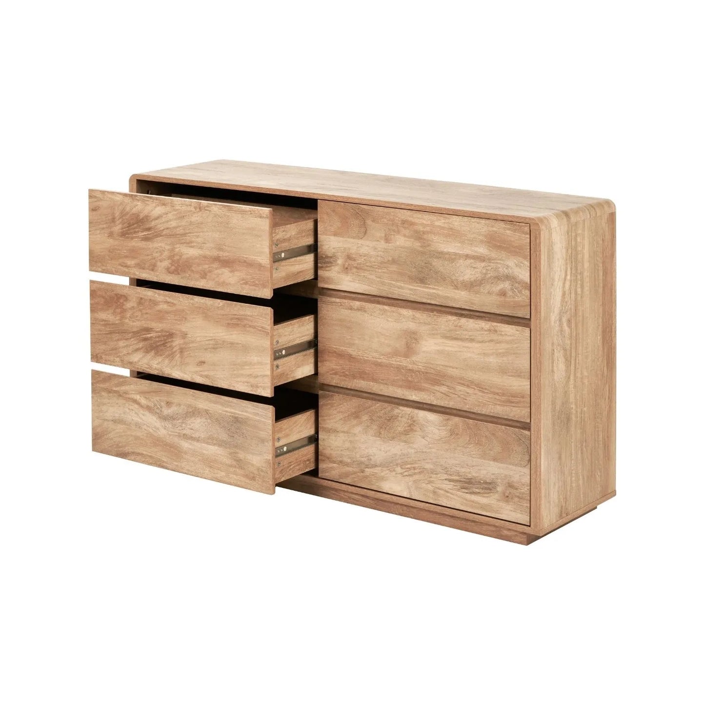 Warm Natural Oak Effect Handleless 6 Drawer Chest of Drawers angled front and side view with all three left drawers open | Click Style