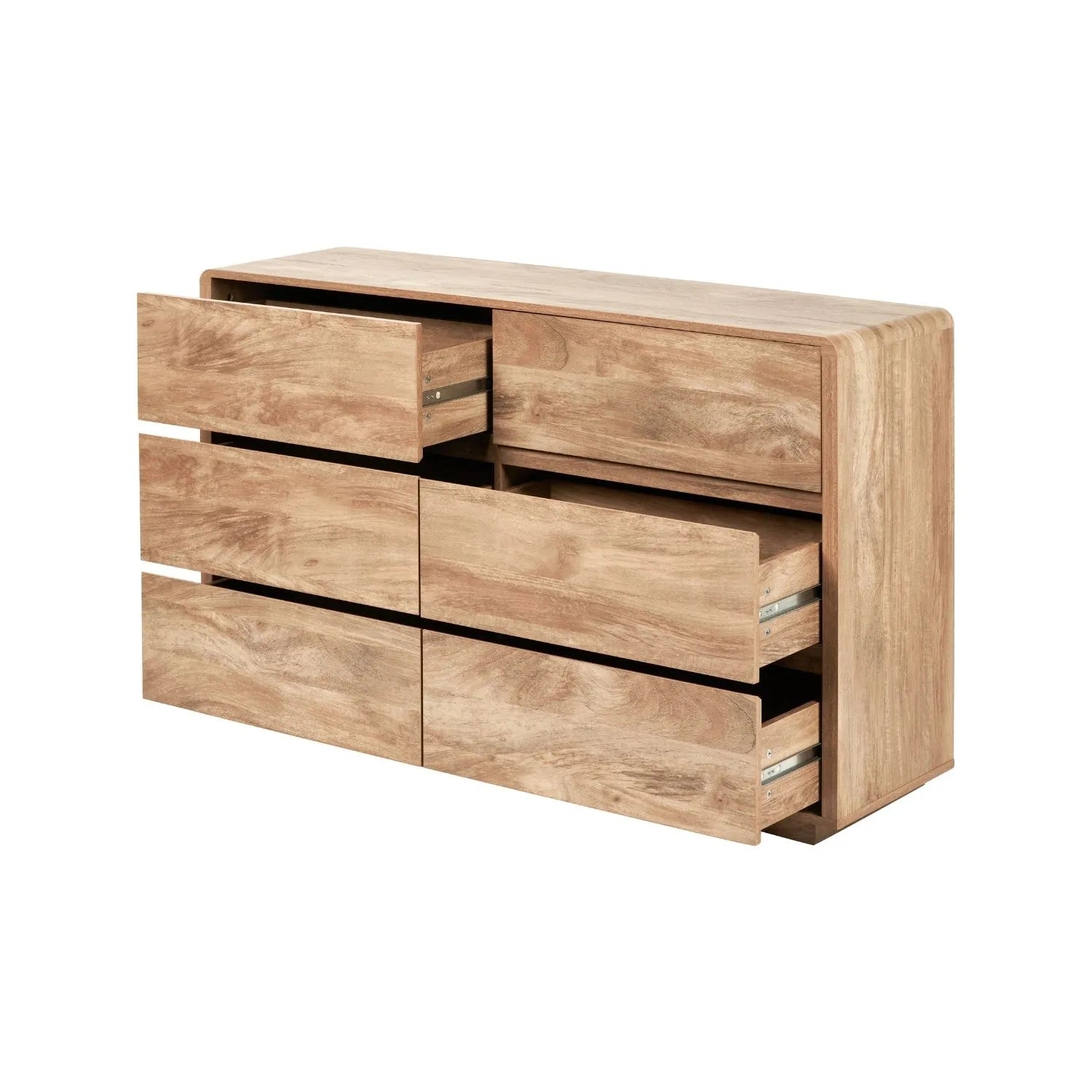 Warm Natural Oak Effect Handleless 6 Drawer Chest of Drawers angled front and side view with five drawers open | Click Style
