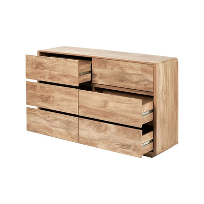 Warm Natural Oak Effect Handleless 6 Drawer Chest of Drawers angled front and side view with five drawers open | Click Style