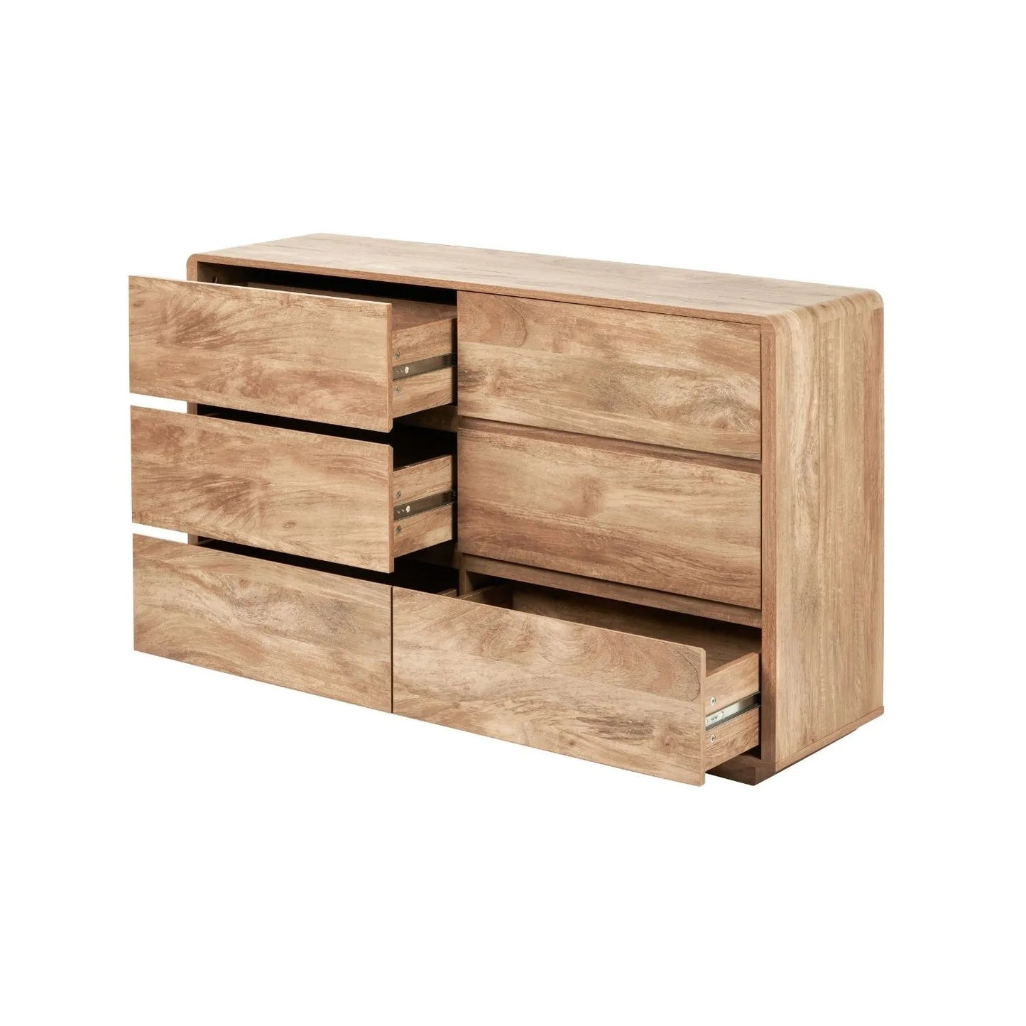 Warm Natural Oak Effect Handleless 6 Drawer Chest of Drawers angled front and side view with four drawers open | Click Style