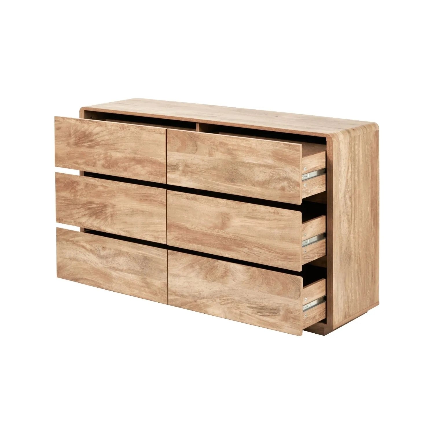 Warm Natural Oak Effect Handleless 6 Drawer Chest of Drawers angled front and side view with all six drawers open | Click Style
