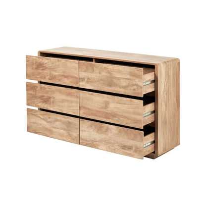 Warm Natural Oak Effect Handleless 6 Drawer Chest of Drawers angled front and side view with all six drawers open | Click Style