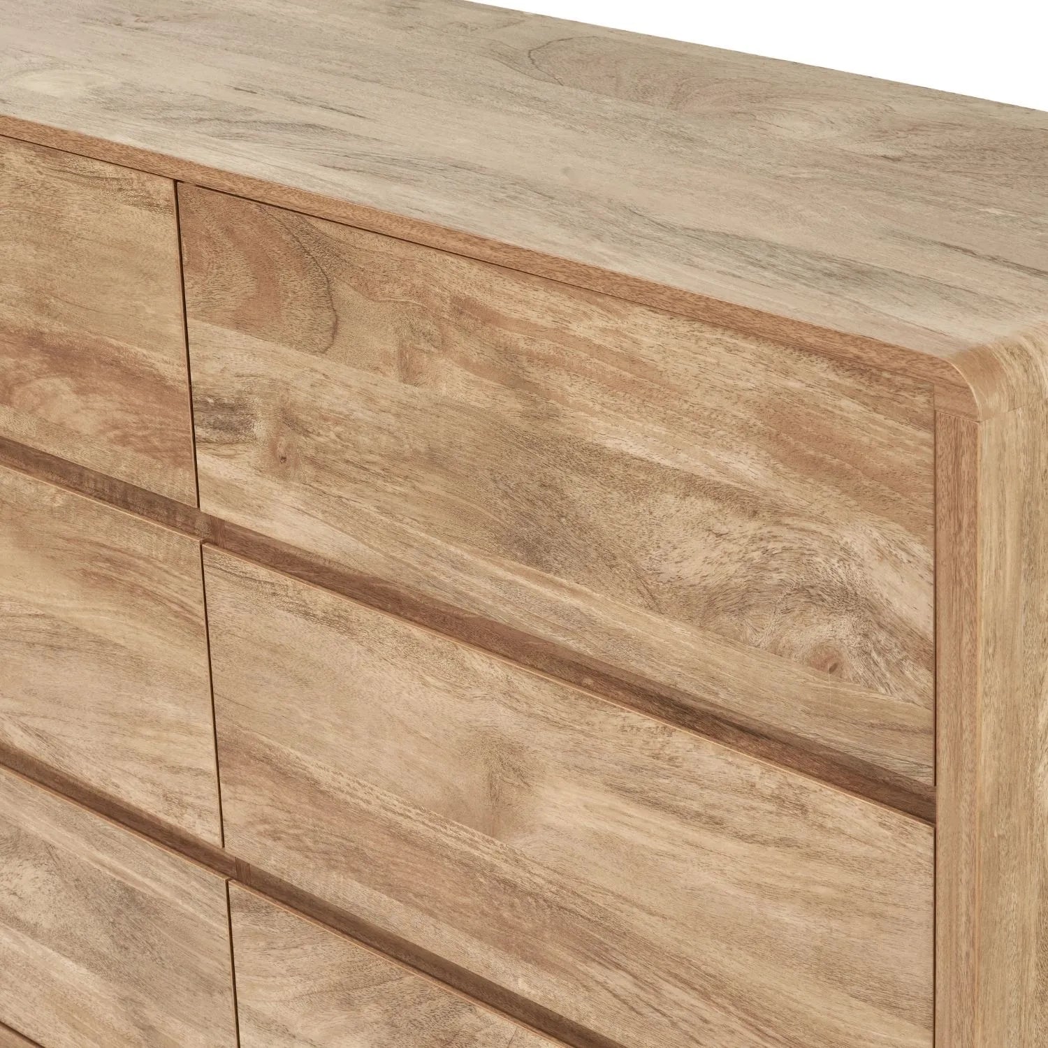 Warm Natural Oak Effect Handleless 6 Drawer Chest of Drawers close-up showing curved top corner and drawer fronts | Click Style