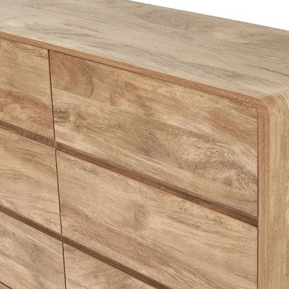 Warm Natural Oak Effect Handleless 6 Drawer Chest of Drawers close-up showing curved top corner and drawer fronts | Click Style