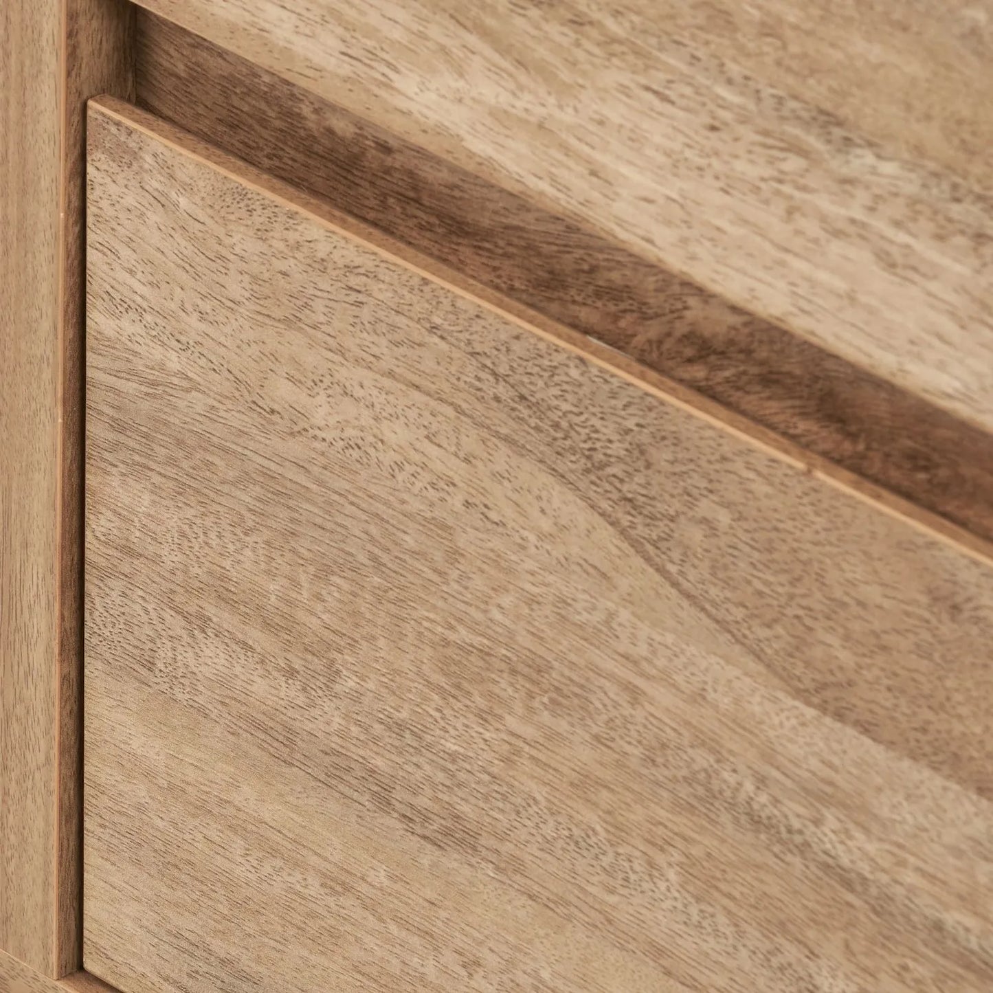 Warm Natural Oak Effect Side Table & Bedside Table with 2 Handleless Drawers 48x50x39cm close-up of left side with partial drawer front | Click Style