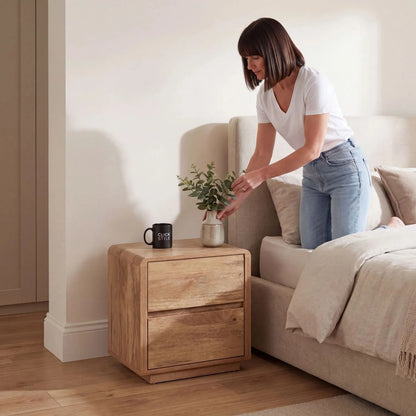Warm Natural Oak Effect Side Table & Bedside Table with 2 Handleless Drawers styled by woman in a neutral bedroom | Click Style