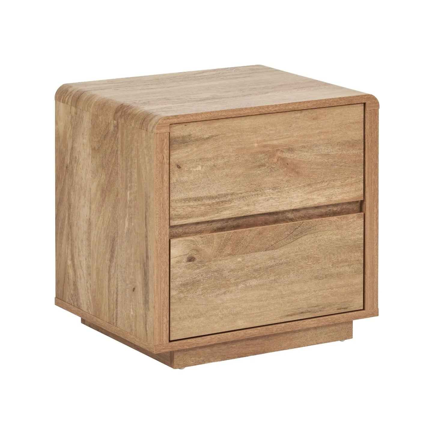 Warm Natural Oak Effect Side Table & Bedside Table with 2 Handleless Drawers 48x50x39cm angled front and side view facing right | Click Style