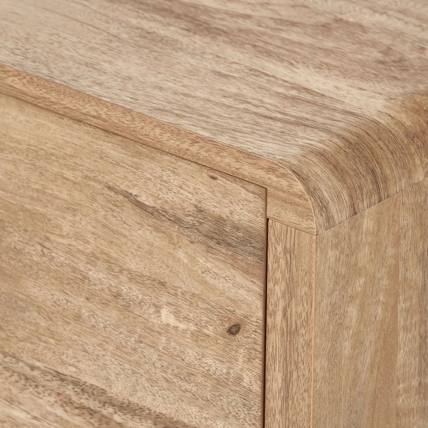 Warm Natural Oak Effect Side Table & Bedside Table with 2 Handleless Drawers 48x50x39cm close-up of top right curved corner, top and drawer front | Click Style