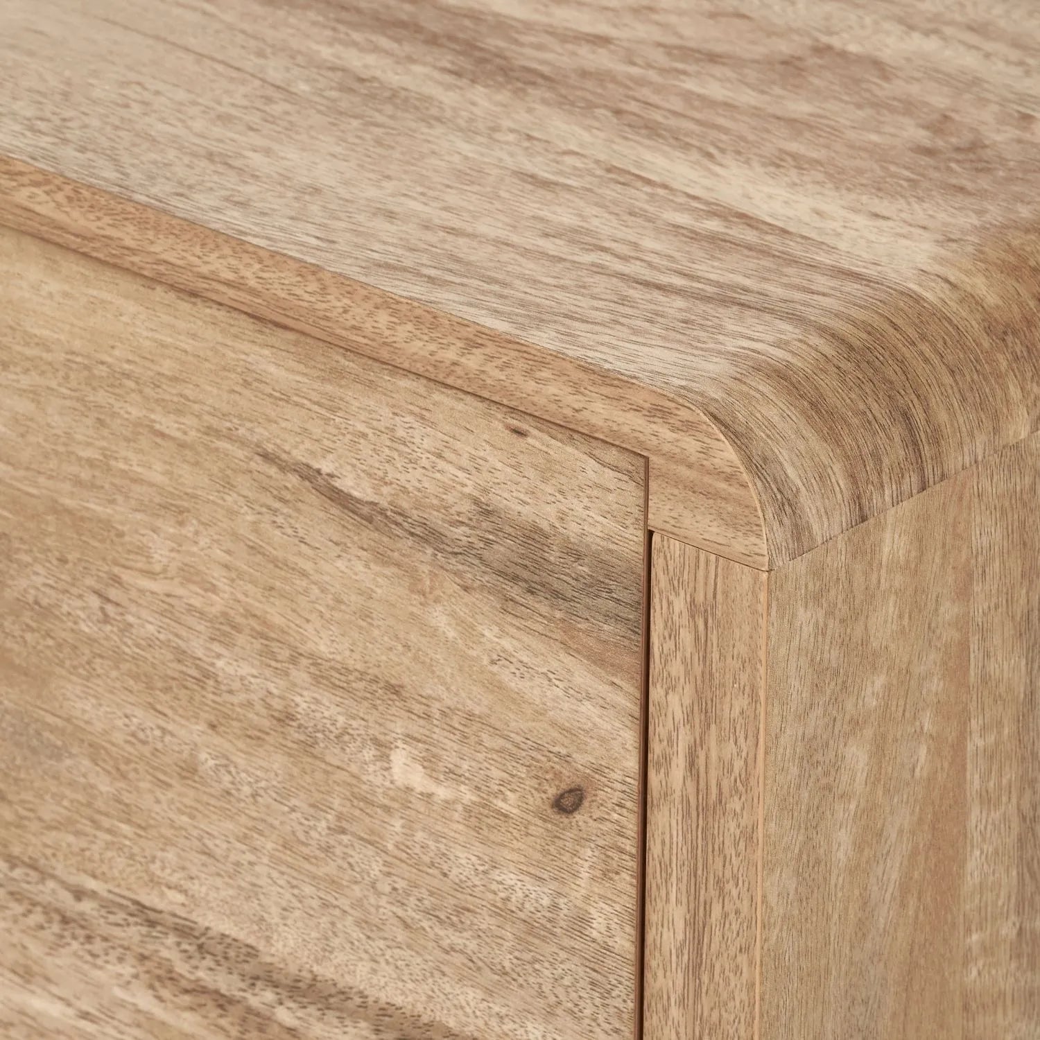 Warm Natural Oak Effect Side Table & Bedside Table with 2 Handleless Drawers 48x50x39cm close-up of top right curved corner, top and drawer front | Click Style