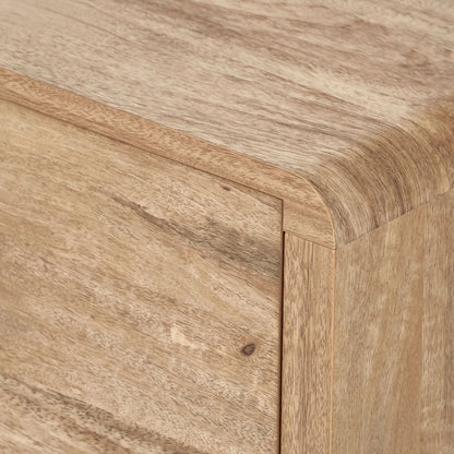 Warm Natural Oak Effect Side Table & Bedside Table with 2 Handleless Drawers 48x50x39cm close-up of top right curved corner, top and drawer front | Click Style