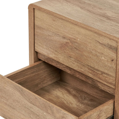 Warm Natural Oak Effect Side Table & Bedside Table with 2 Handleless Drawers 48x50x39cm close-up of closed top drawer and open bottom drawer with partial top view | Click Style