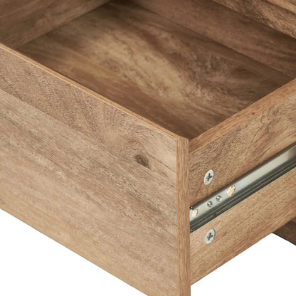 Warm Natural Oak Effect Side Table & Bedside Table with 2 Handleless Drawers 48x50x39cm close-up of open drawer interior and drawer runner | Click Style