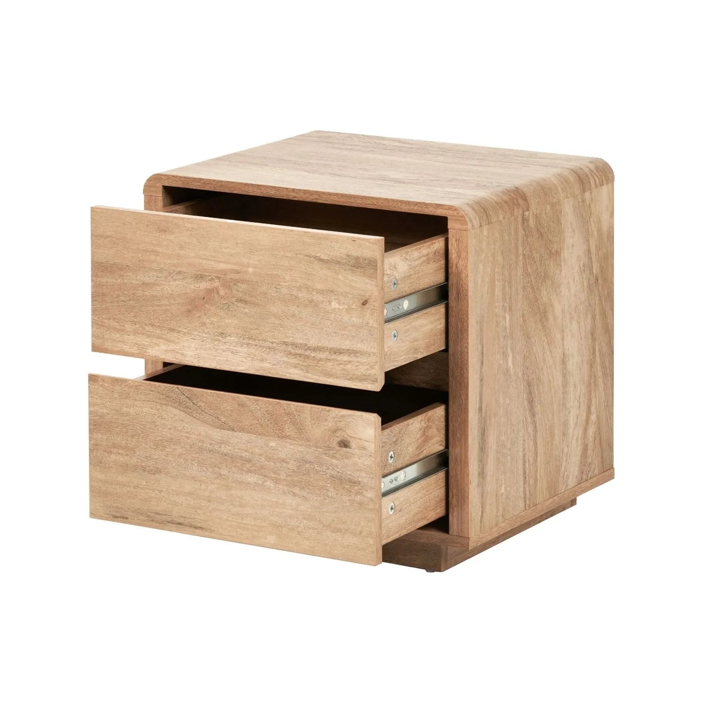 Warm Natural Oak Effect Side Table & Bedside Table with 2 Handleless Drawers 48x50x39cm angled front and side view facing left with both drawers open | Click Style