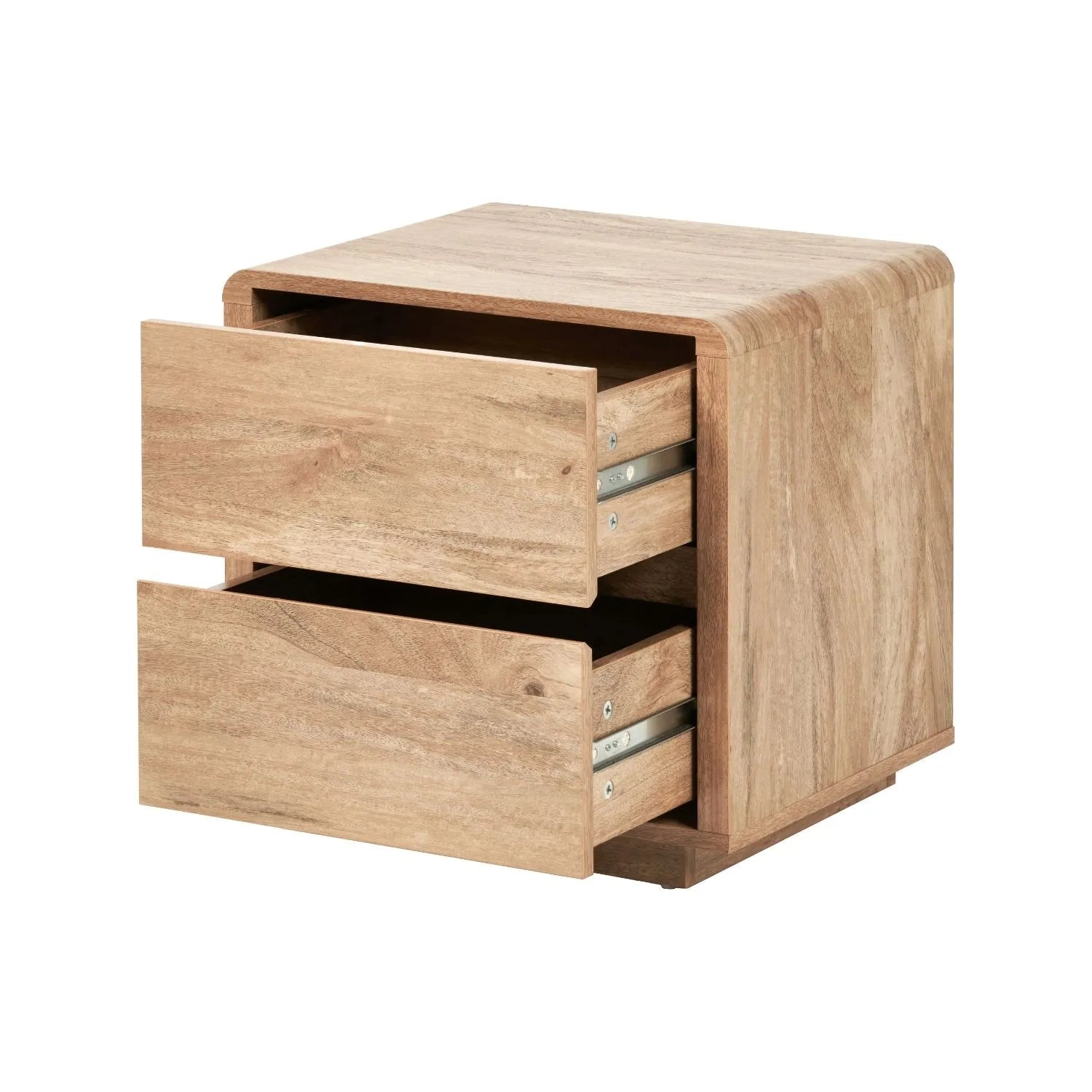 Warm Natural Oak Effect Side Table & Bedside Table with 2 Handleless Drawers 48x50x39cm angled front and side view facing left with both drawers open | Click Style