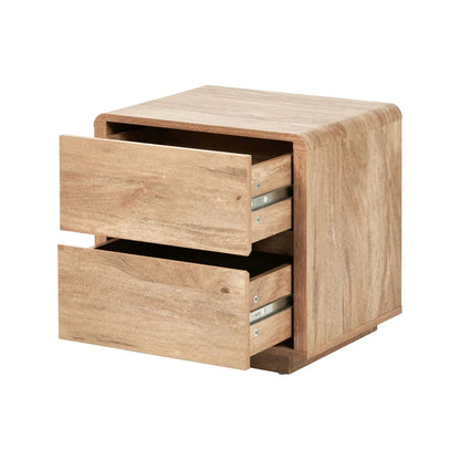 Warm Natural Oak Effect Side Table & Bedside Table with 2 Handleless Drawers 48x50x39cm angled front and side view facing left with both drawers open | Click Style