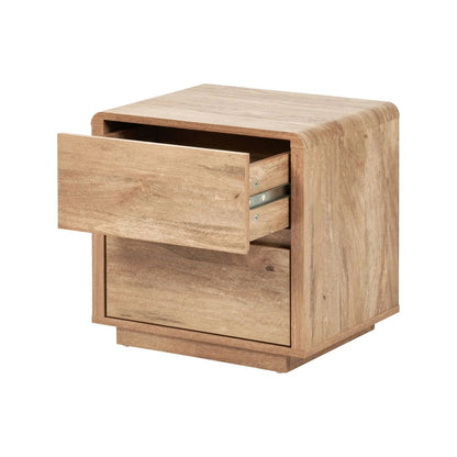 Warm Natural Oak Effect Side Table & Bedside Table with 2 Handleless Drawers 48x50x39cm angled front and side view facing left with top drawer open | Click Style