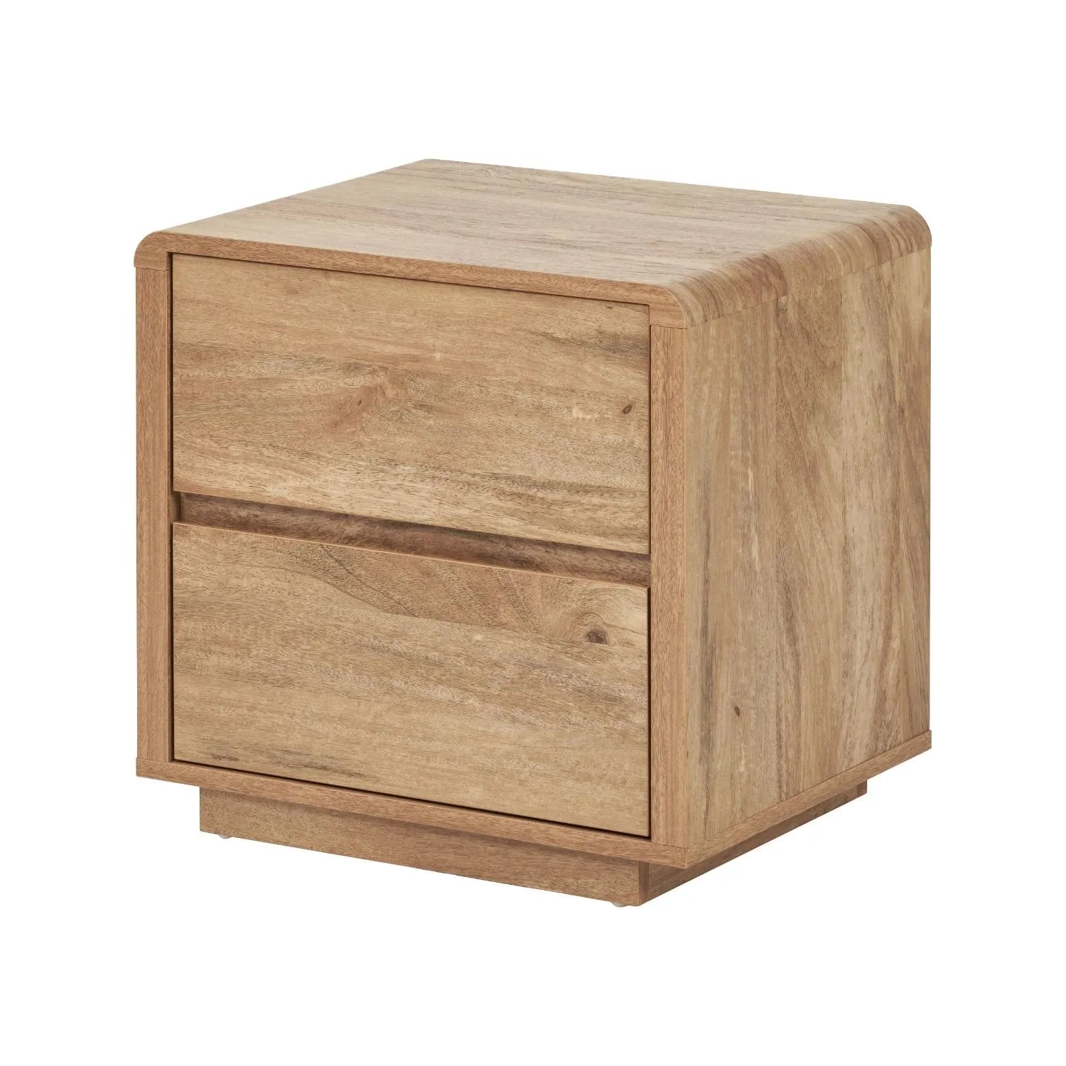 Warm Natural Oak Effect Side Table & Bedside Table with 2 Handleless Drawers 48x50x39cm angled front and side view facing left | Click Style