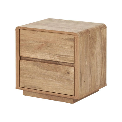 Warm Natural Oak Effect Side Table & Bedside Table with 2 Handleless Drawers 48x50x39cm angled front and side view facing left | Click Style