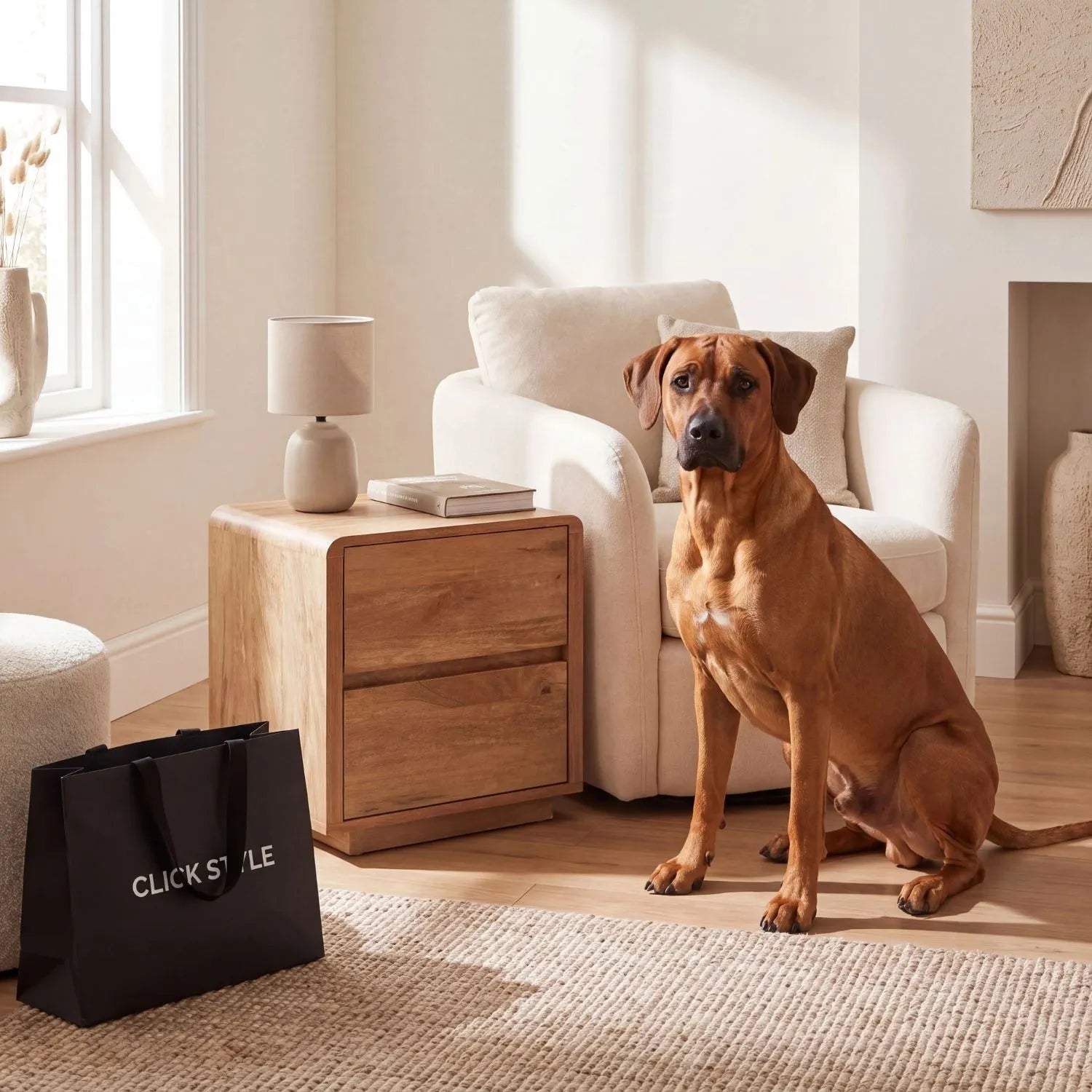 Warm Natural Oak Effect Side Table & Bedside Table with 2 Handleless Drawers styled beside a Rhodesian Ridgeback in a neutral living room | Click Style