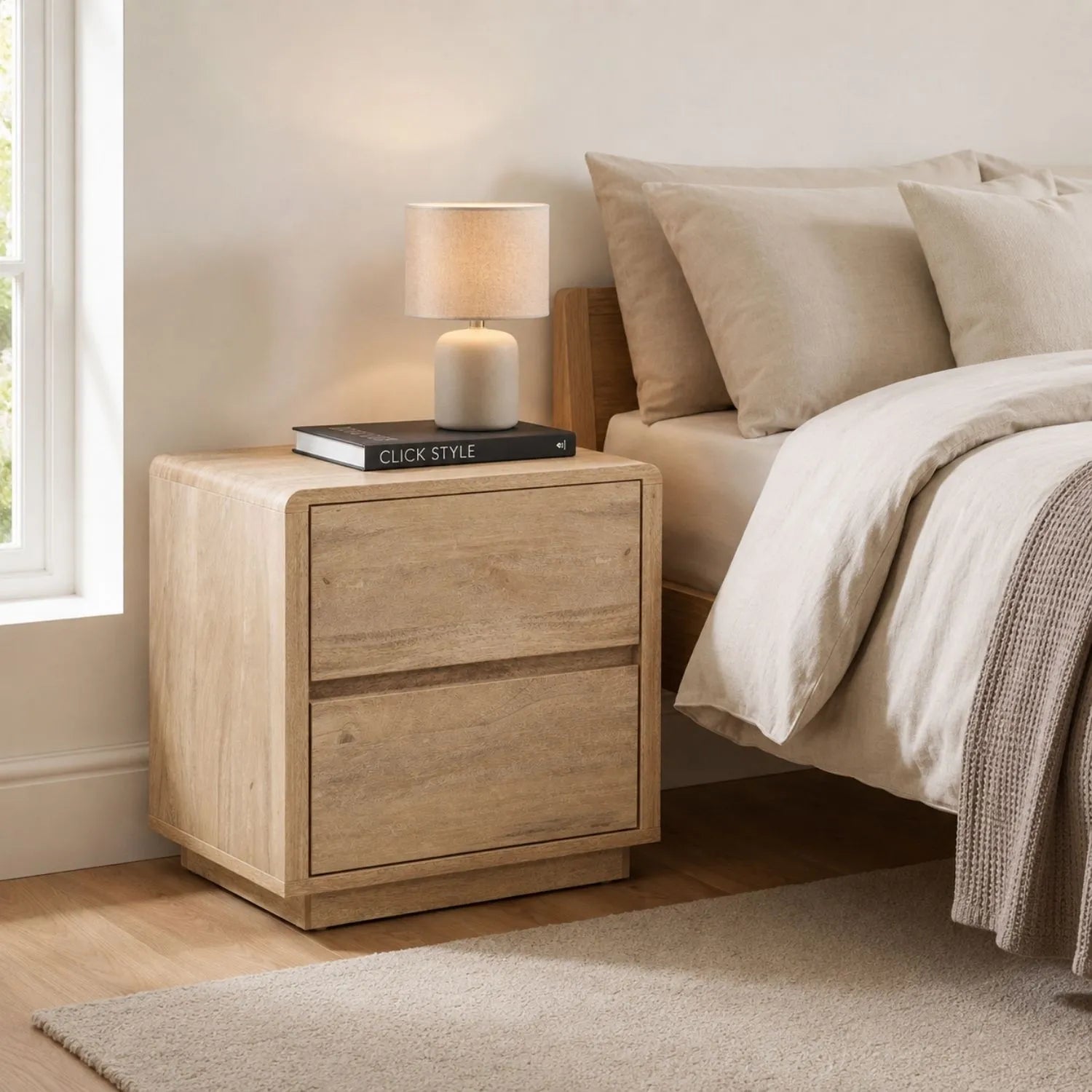 Warm Natural Oak Effect Side Table & Bedside Table with 2 Handleless Drawers styled in a neutral bedroom | Click Style