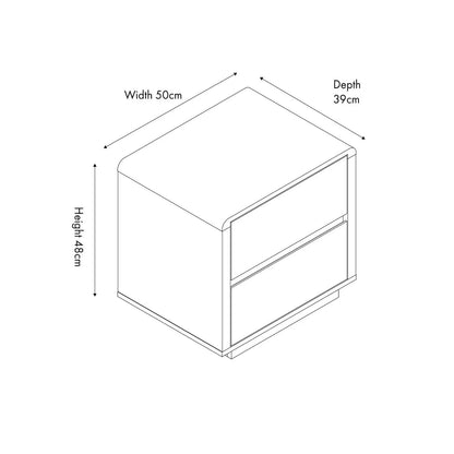 Warm Natural Oak Effect Side Table & Bedside Table with 2 Handleless Drawers 48x50x39cm dimension drawing with angled front and side view facing right | Click Style