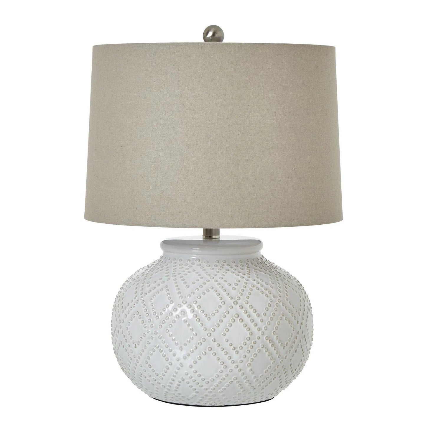 White Beaded Ceramic Rounded Squat Table Lamp with Linen Tapered Shade – Neutral Coastal Decorative Lighting 56x38cm - Click Style