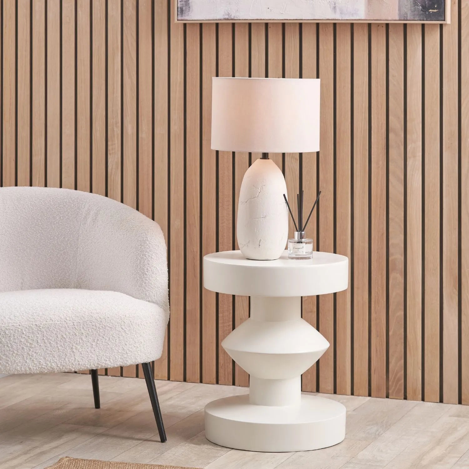 White Fibrestone Sculptural Pedestal Side Table – Modern Round Accent & Occasional Table 50x40x40cm - Click Style