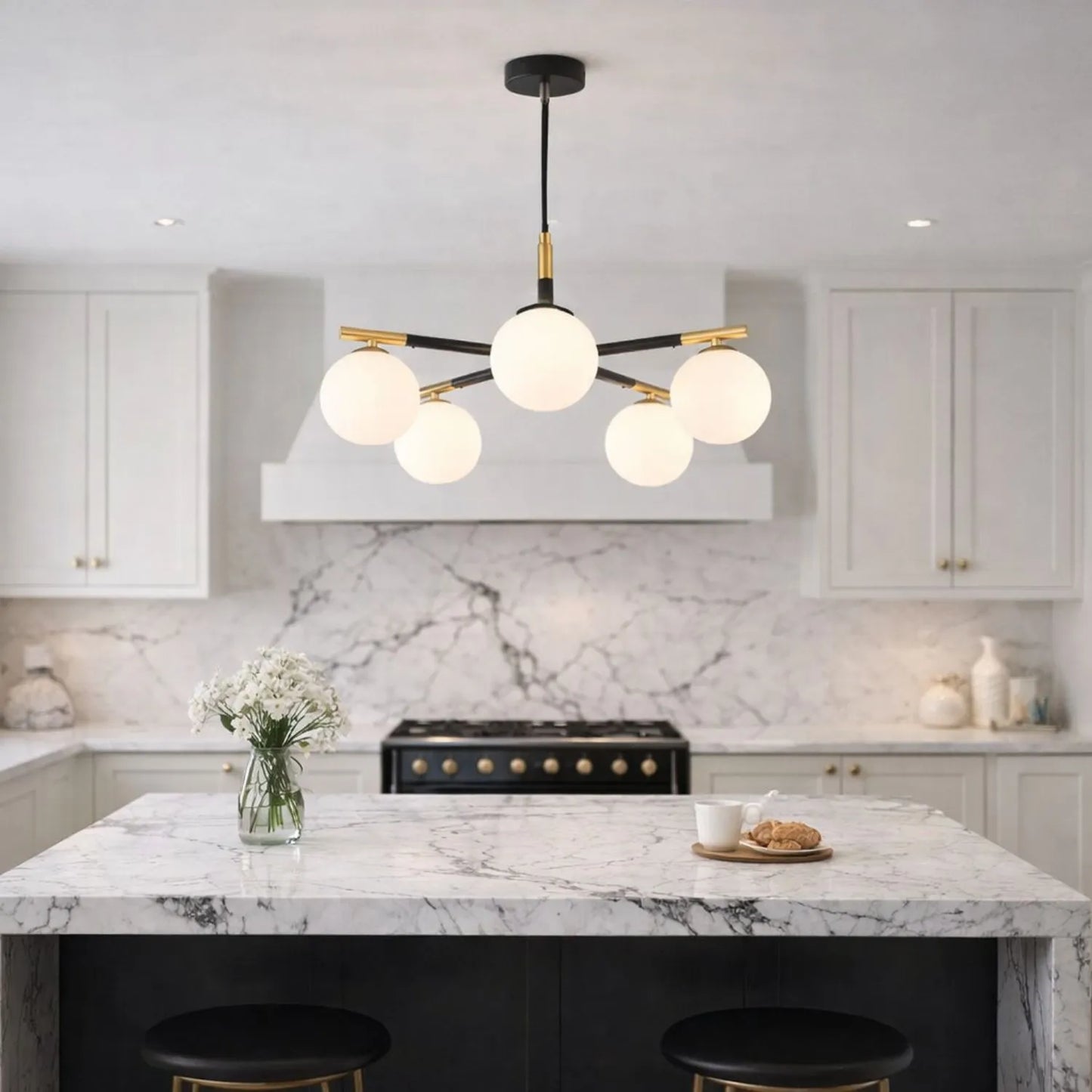 White Glass Orb 5 Light Pendant Ceiling Light with Black & Gold Metal Frame – Modern Pendant for Contemporary Interiors 120x55x55cm | Click Style