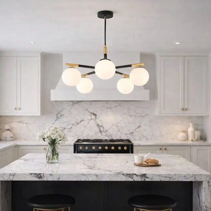 White Glass Orb 5 Light Pendant Ceiling Light with Black & Gold Metal Frame – Modern Pendant for Contemporary Interiors 120x55x55cm | Click Style