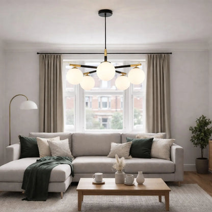 White Glass Orb 5 Light Pendant Ceiling Light with Black & Gold Metal Frame – Modern Pendant for Contemporary Interiors 120x55x55cm | Click Style