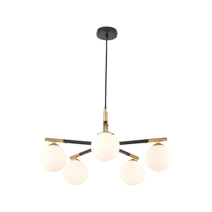 White Glass Orb 5 Light Pendant Ceiling Light with Black & Gold Metal Frame – Modern Pendant for Contemporary Interiors 120x55x55cm | Click Style