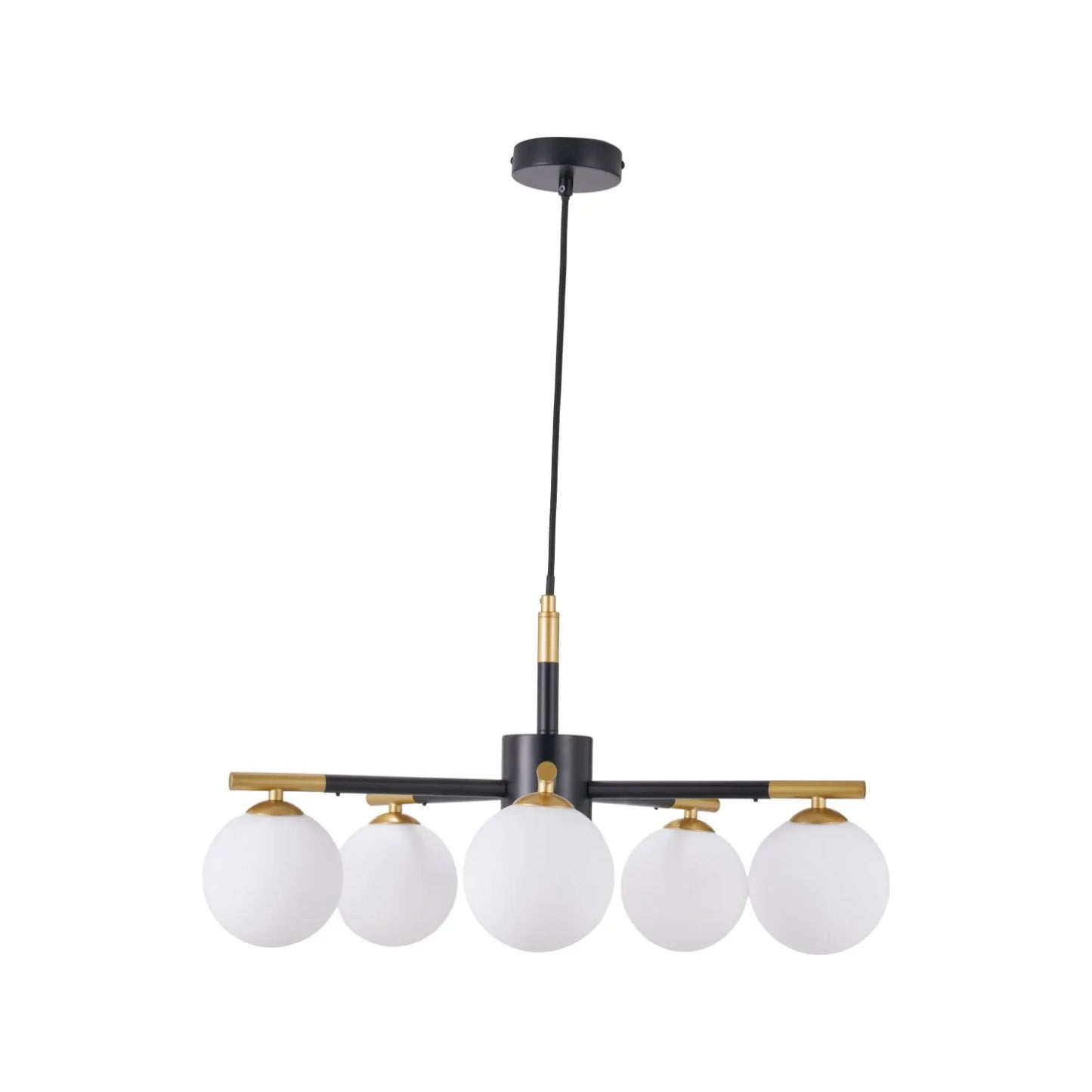 White Glass Orb 5 Light Pendant Ceiling Light with Black & Gold Metal Frame – Modern Pendant for Contemporary Interiors 120x55x55cm | Click Style