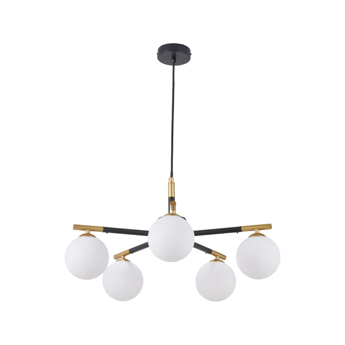 White Glass Orb 5 Light Pendant Ceiling Light with Black & Gold Metal Frame – Modern Pendant for Contemporary Interiors 120x55x55cm | Click Style