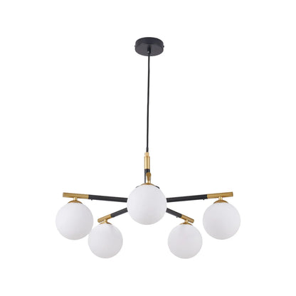 White Glass Orb 5 Light Pendant Ceiling Light with Black & Gold Metal Frame – Modern Pendant for Contemporary Interiors 120x55x55cm | Click Style