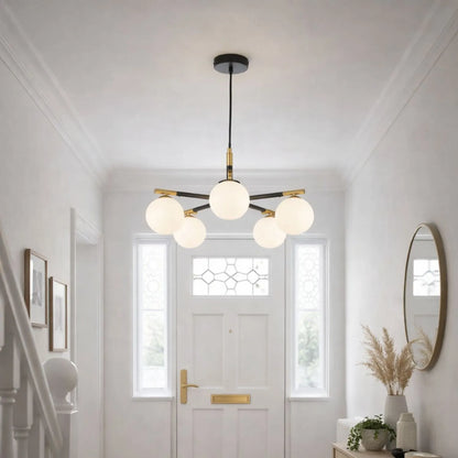 White Glass Orb 5 Light Pendant Ceiling Light with Black & Gold Metal Frame – Modern Pendant for Contemporary Interiors 120x55x55cm | Click Style