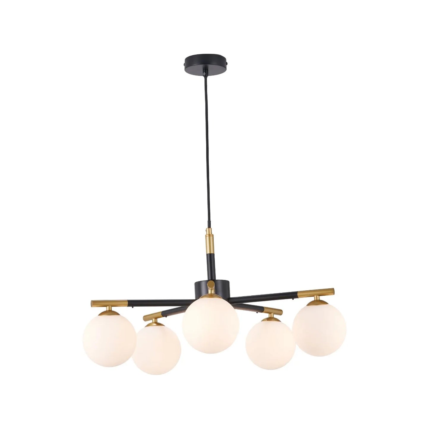 White Glass Orb 5 Light Pendant Ceiling Light with Black & Gold Metal Frame – Modern Pendant for Contemporary Interiors 120x55x55cm | Click Style