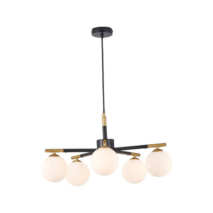 White Glass Orb 5 Light Pendant Ceiling Light with Black & Gold Metal Frame – Modern Pendant for Contemporary Interiors 120x55x55cm | Click Style
