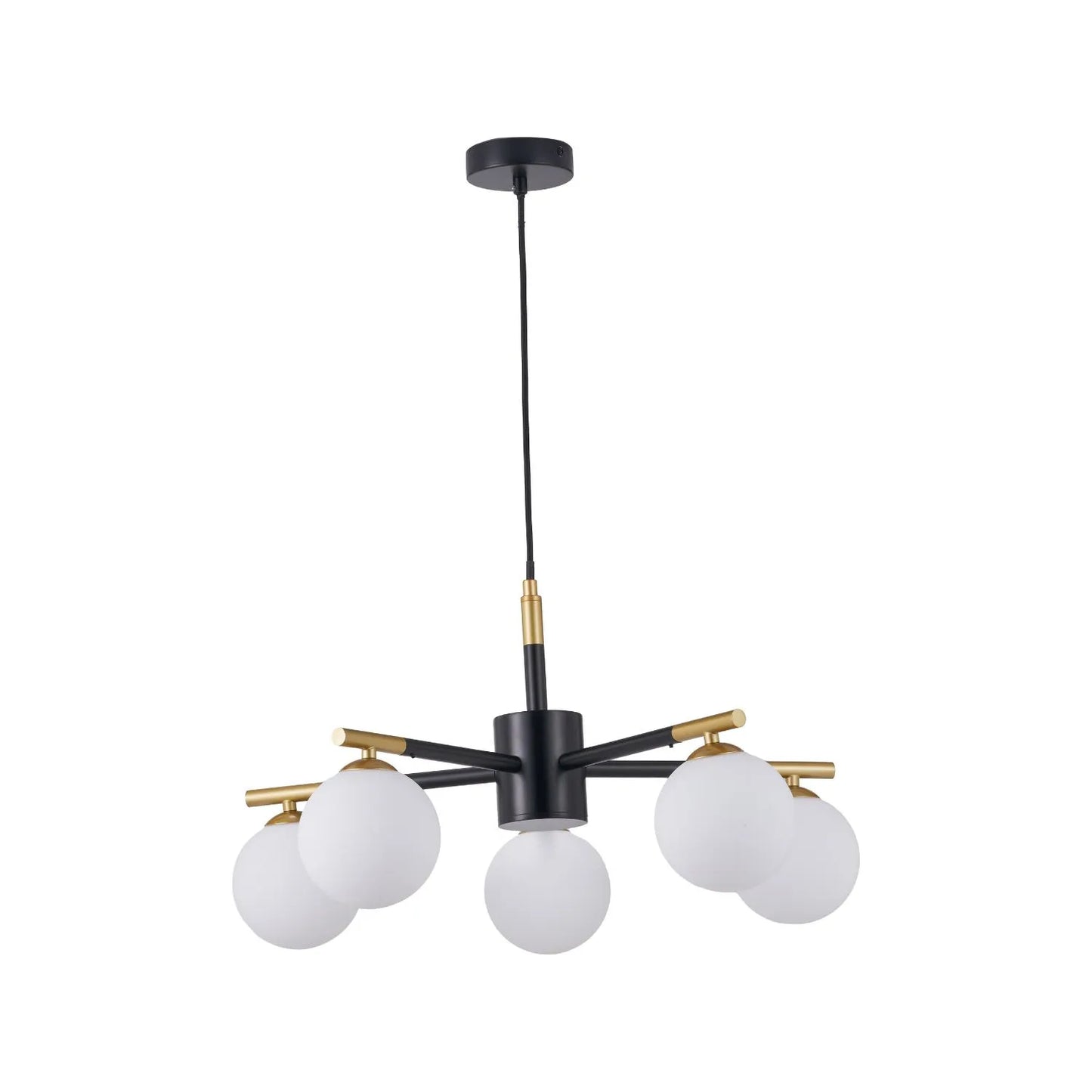 White Glass Orb 5 Light Pendant Ceiling Light with Black & Gold Metal Frame – Modern Pendant for Contemporary Interiors 120x55x55cm | Click Style
