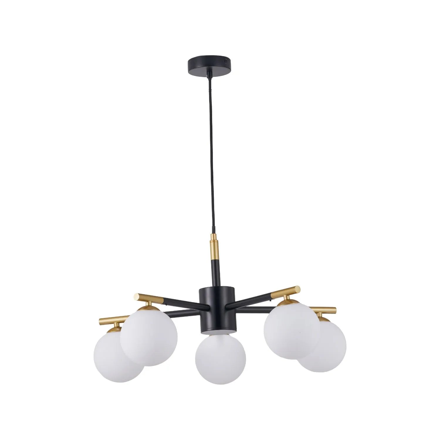 White Glass Orb 5 Light Pendant Ceiling Light with Black & Gold Metal Frame – Modern Pendant for Contemporary Interiors 120x55x55cm | Click Style