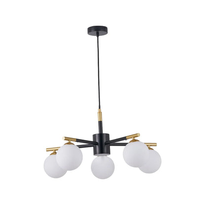 White Glass Orb 5 Light Pendant Ceiling Light with Black & Gold Metal Frame – Modern Pendant for Contemporary Interiors 120x55x55cm | Click Style