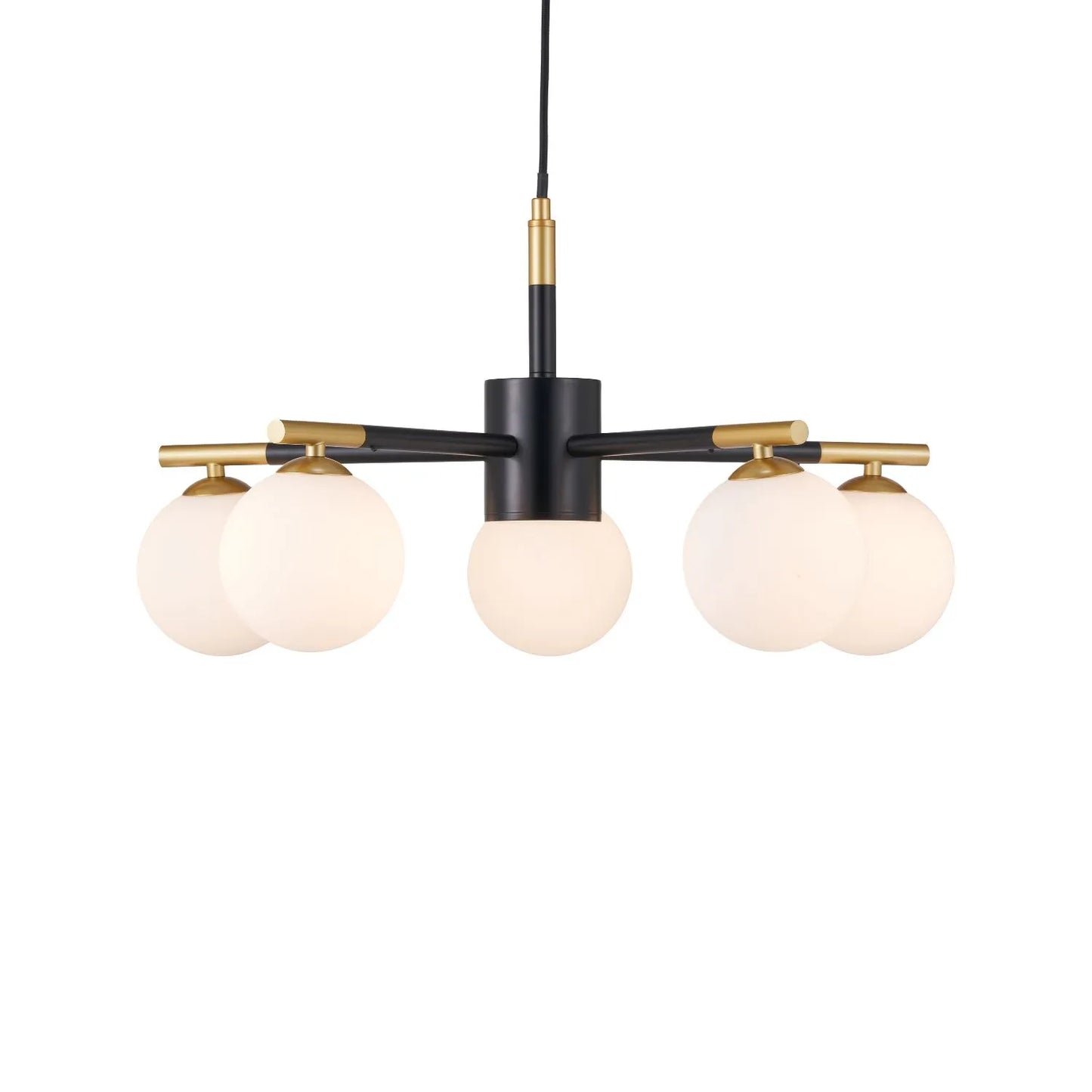 White Glass Orb 5 Light Pendant Ceiling Light with Black & Gold Metal Frame – Modern Pendant for Contemporary Interiors 120x55x55cm | Click Style